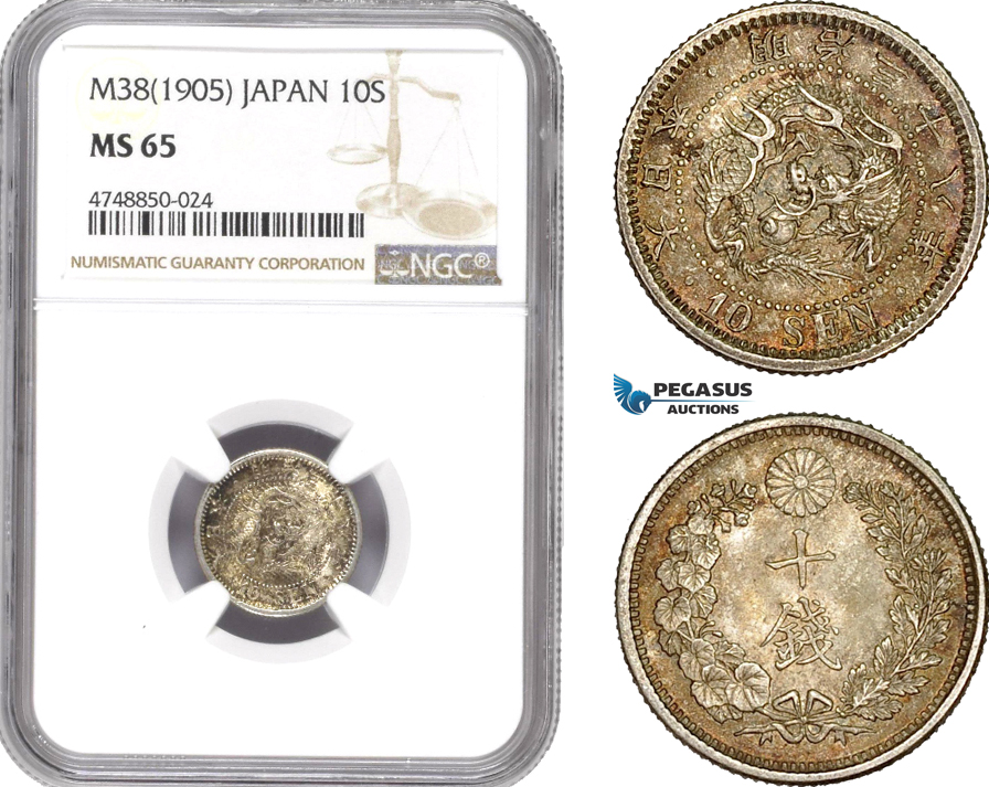 AE325, Japan, Meiji, 10 Sen Yr. 38 (1905) Silver, NGC MS65