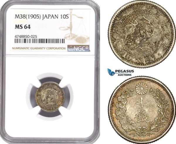 AE326, Japan, Meiji, 10 Sen Yr. 38 (1905) Silver, NGC MS64