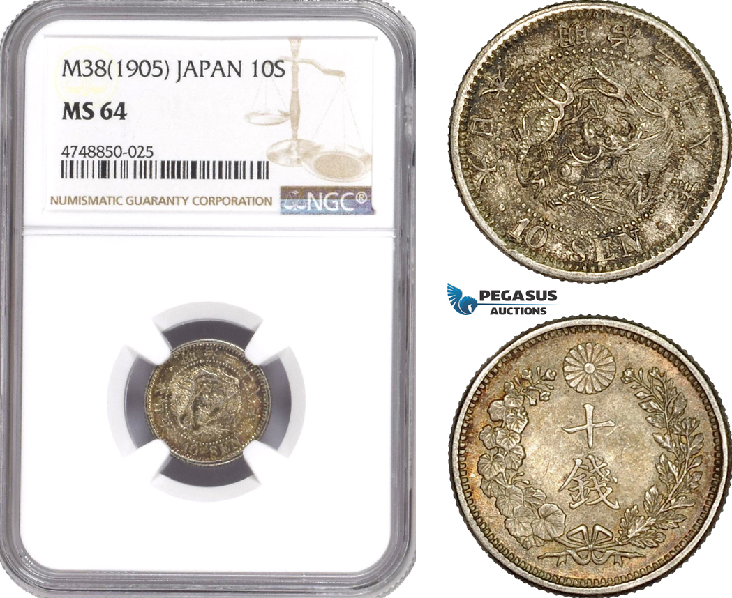 AE326, Japan, Meiji, 10 Sen Yr. 38 (1905) Silver, NGC MS64