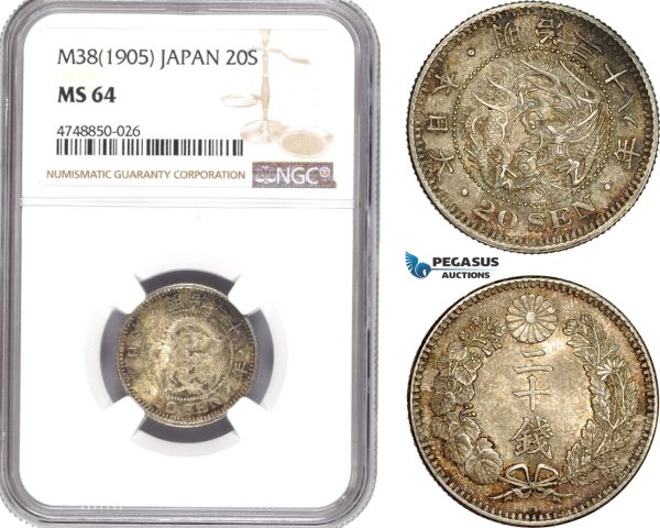 AE327, Japan, Meiji, 20 Sen Yr. 38 (1905) Silver, NGC MS64