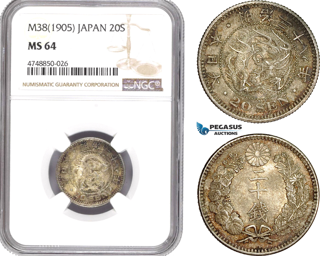AE327, Japan, Meiji, 20 Sen Yr. 38 (1905) Silver, NGC MS64