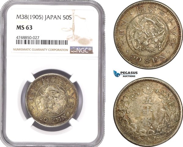 AE328, Japan, Meiji, 50 Sen Yr. 38 (1905) Silver, NGC MS63