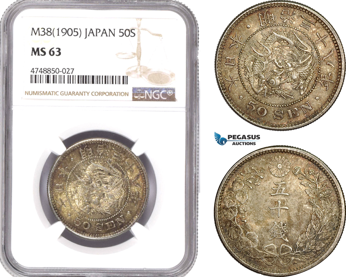 AE328, Japan, Meiji, 50 Sen Yr. 38 (1905) Silver, NGC MS63