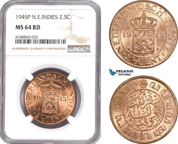 AE330, Netherlands East Indies, 2 1/2 Cents 1945-P, NGC MS64RD