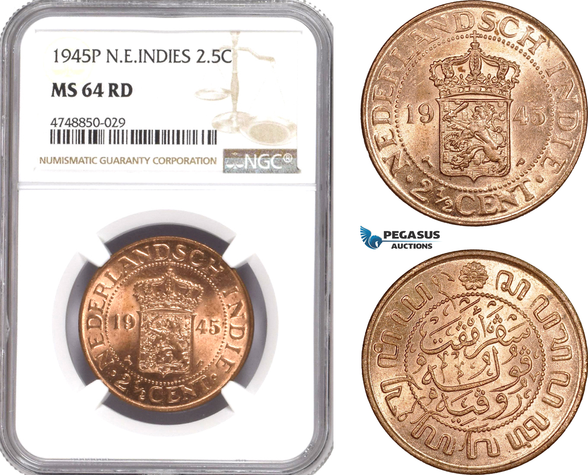AE330, Netherlands East Indies, 2 1/2 Cents 1945-P, NGC MS64RD