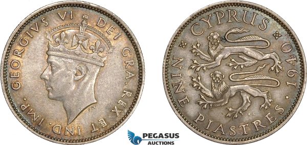 AE351, Cyprus, George VI, 9 Piastres 1940, London, Silver, Toned AU