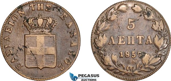 AE360, Greece, Othon, 5 Lepta 1857, Athens, VF