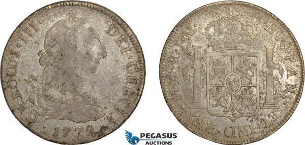 AE374, Peru, Charles III, 8 Reales 1772 LIMA JM, Silver "Portrait Type" F