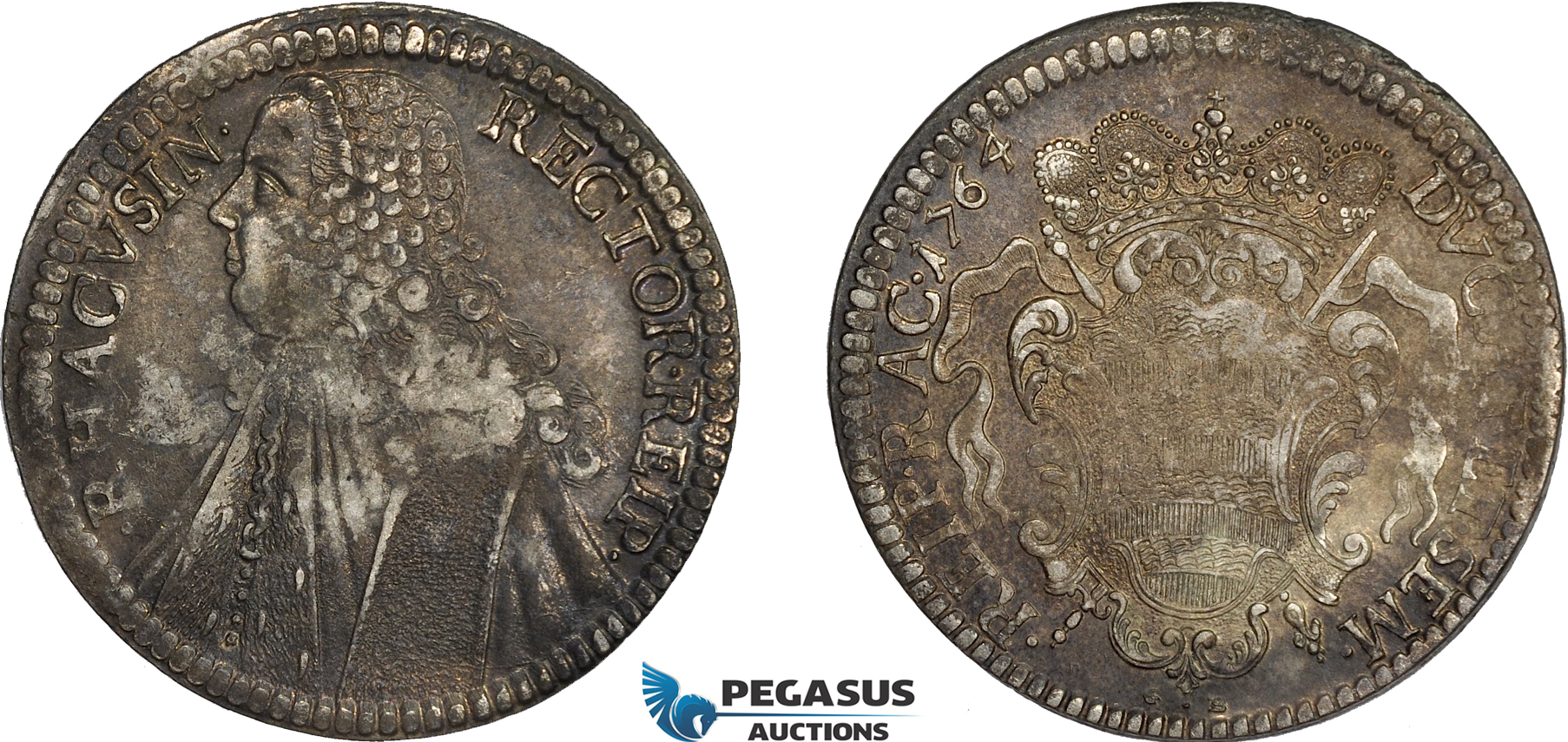 AE376, Ragusa, Tallero Rettorale 1764 GB, Silver (28.28g) Toned XF