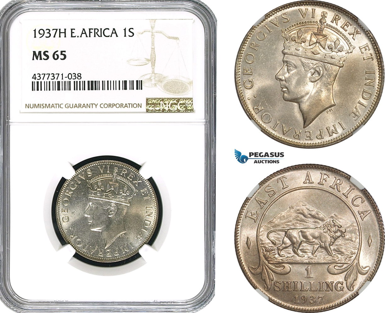AE403, British East Africa, George VI, 1 Shilling 1937-H, Heaton, Silver, NGC MS65