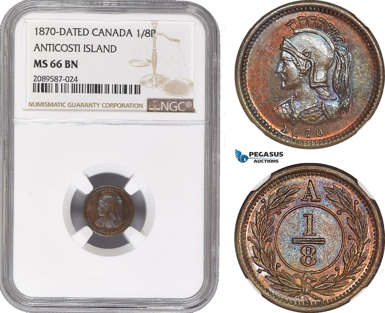 AE405, Canada, Anticosti Island, 1/8 Penny 1870-Dated, NGC MS66BN, Pop 1/0