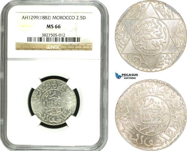 AE419, Morocco, Moulay al-­Hasan, 2 1/2 Dirhams AH1299 (1882) Silver, NGC MS66, Pop 1/0