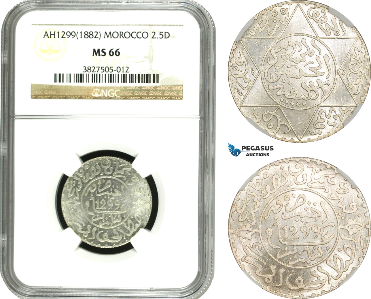 AE419, Morocco, Moulay al-­Hasan, 2 1/2 Dirhams AH1299 (1882) Silver, NGC MS66, Pop 1/0