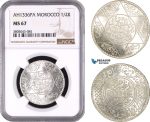 AE420, Morocco, Yusuf, 1/2 Rial AH1336-PA, Paris, Silver, NGC MS67, Pop 1/0