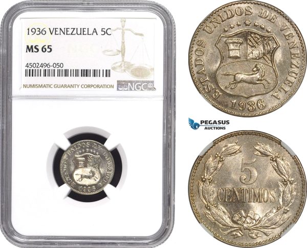 AE457, Venezuela, 5 Centimos 1936, NGC MS65