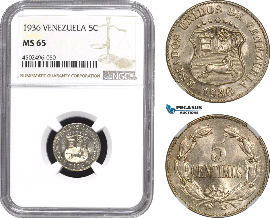 AE457, Venezuela, 5 Centimos 1936, NGC MS65