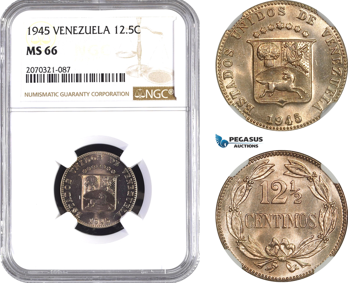 AE458, Venezuela, 12.5 Centimos 1945, NGC MS66, Pop 1/0