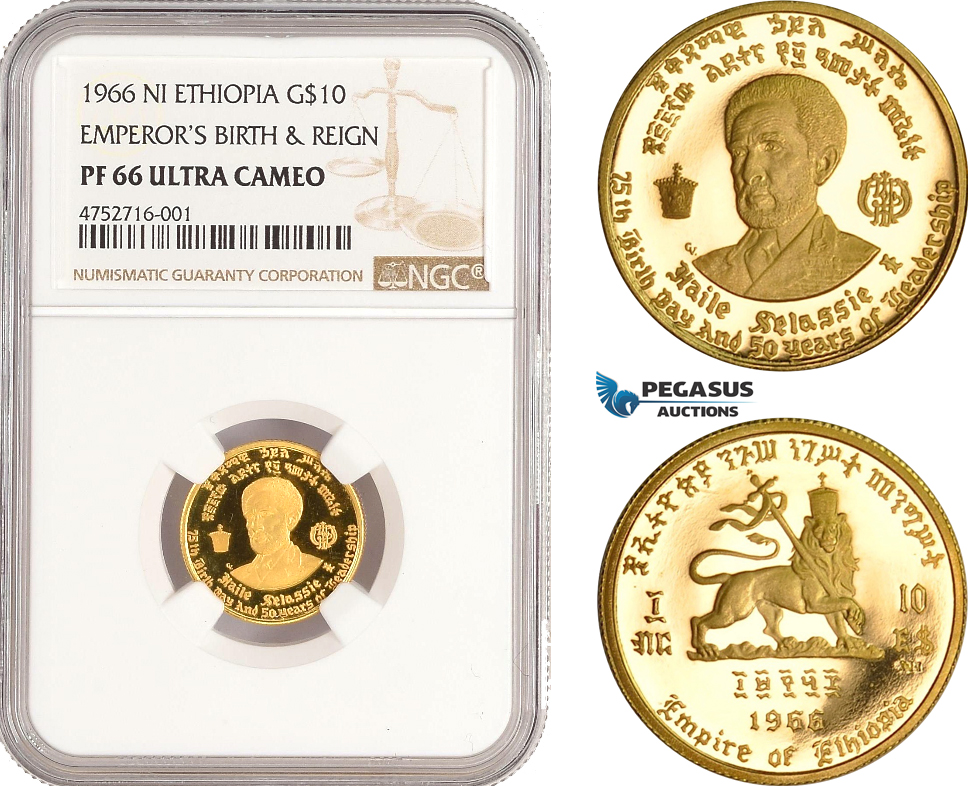AE461, Ethiopia, Haile Selassie, "Emperor's Birth and Reign" 10 Dollars 1966, Gold, NGC PF66UC