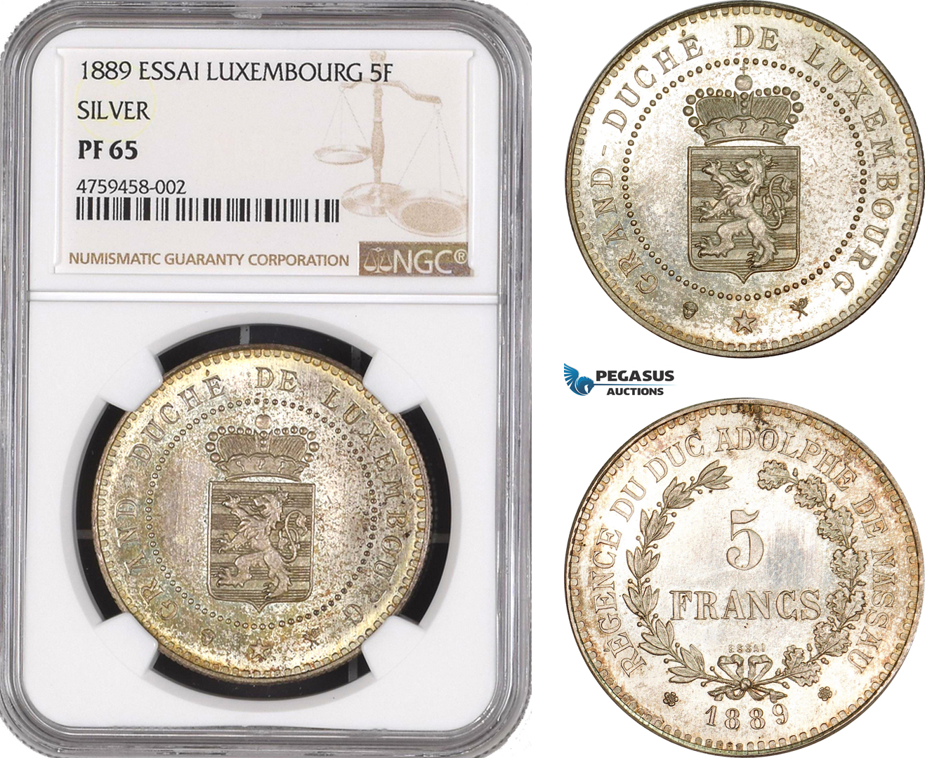 AE466, Luxembourg, Guillaume III, Essai 5 Francs 1889, Silver, NGC PF65, Pop 1/0, Very Rare!