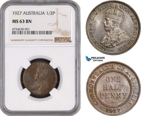 AE469, Australia, George V, 1/2 Penny 1927, NGC MS63BN