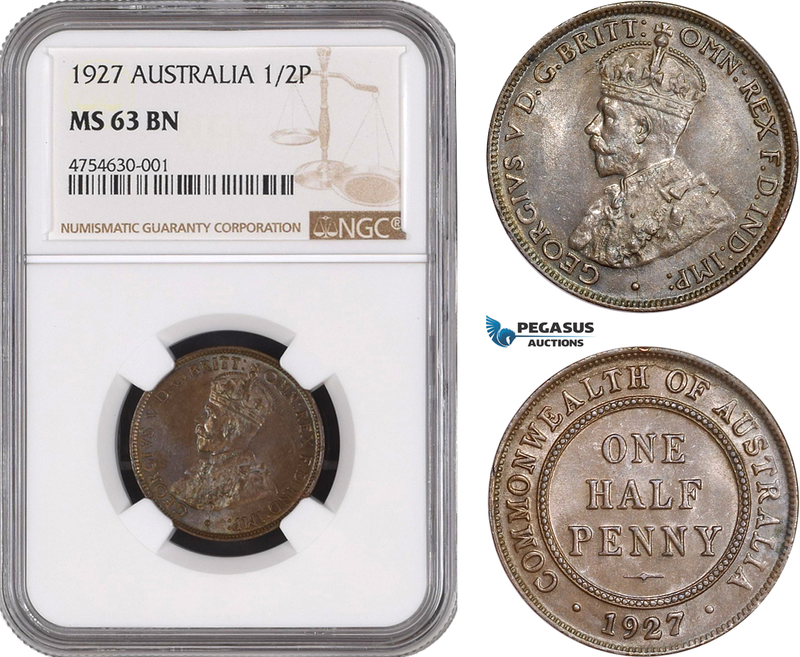 AE469, Australia, George V, 1/2 Penny 1927, NGC MS63BN