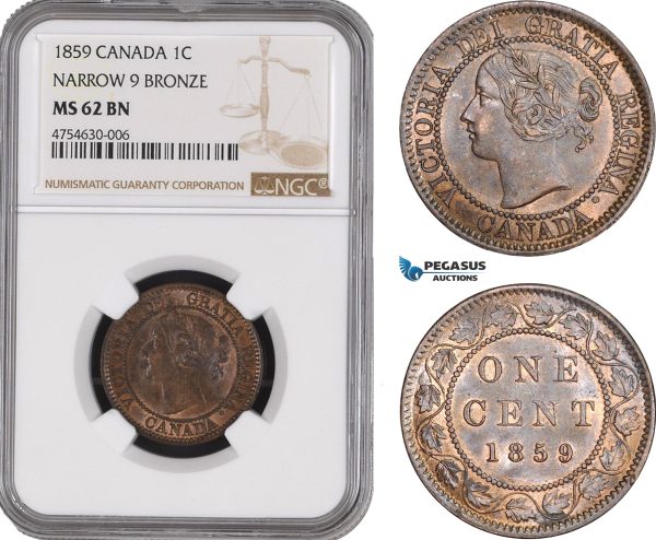 AE475, Canada, Victoria, 1 Cent 1859, Narrow 9, NGC MS62BN