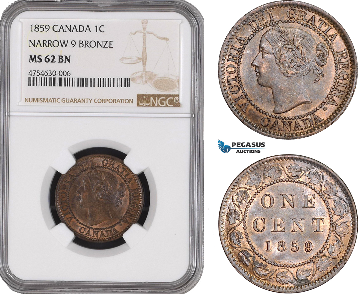 AE475, Canada, Victoria, 1 Cent 1859, Narrow 9, NGC MS62BN