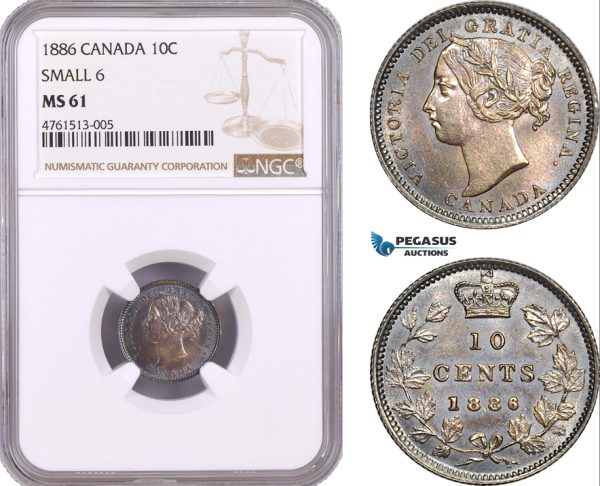 AE477, Canada, Victoria, 10 Cents 1886, Silver, Small 6, NGC MS61, Pop 1/1, Rare!