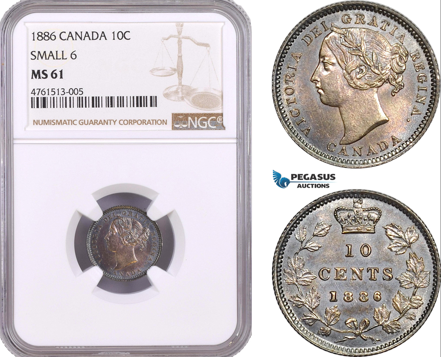 AE477, Canada, Victoria, 10 Cents 1886, Silver, Small 6, NGC MS61, Pop 1/1, Rare!