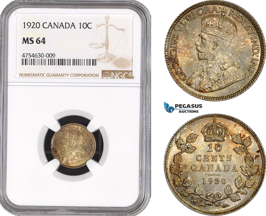 AE479, Canada, George V, 10 Cents 1920, Silver, NGC MS64
