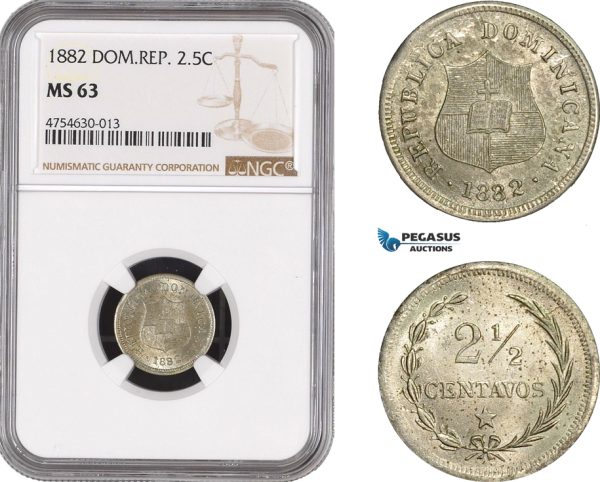 AE483, Dominican Republic, 2 1/2 Centavos 1882, NGC MS63