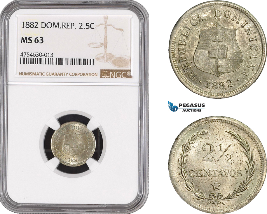 AE483, Dominican Republic, 2 1/2 Centavos 1882, NGC MS63