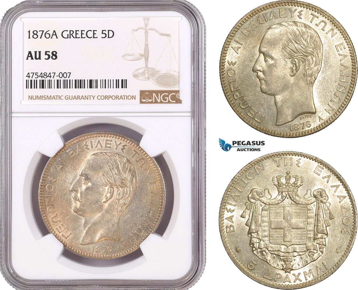 AE510, Greece, George I, 5 Drachmai 1876-A, Paris, Silver, NGC AU58