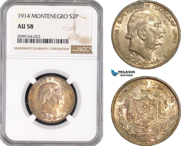 AE551, Montenegro, Nicholas I, 2 Perpera 1914, Vienna, Silver, NGC AU58