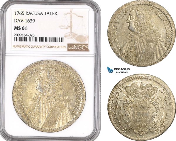 AE555, Ragusa, Tallero Rettorale 1765 GB, Silver, NGC MS61