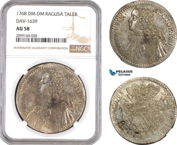 AE558, Ragusa, Tallero Rettorale 1766 DM-DM, Silver, NGC AU58, Pop 1/0