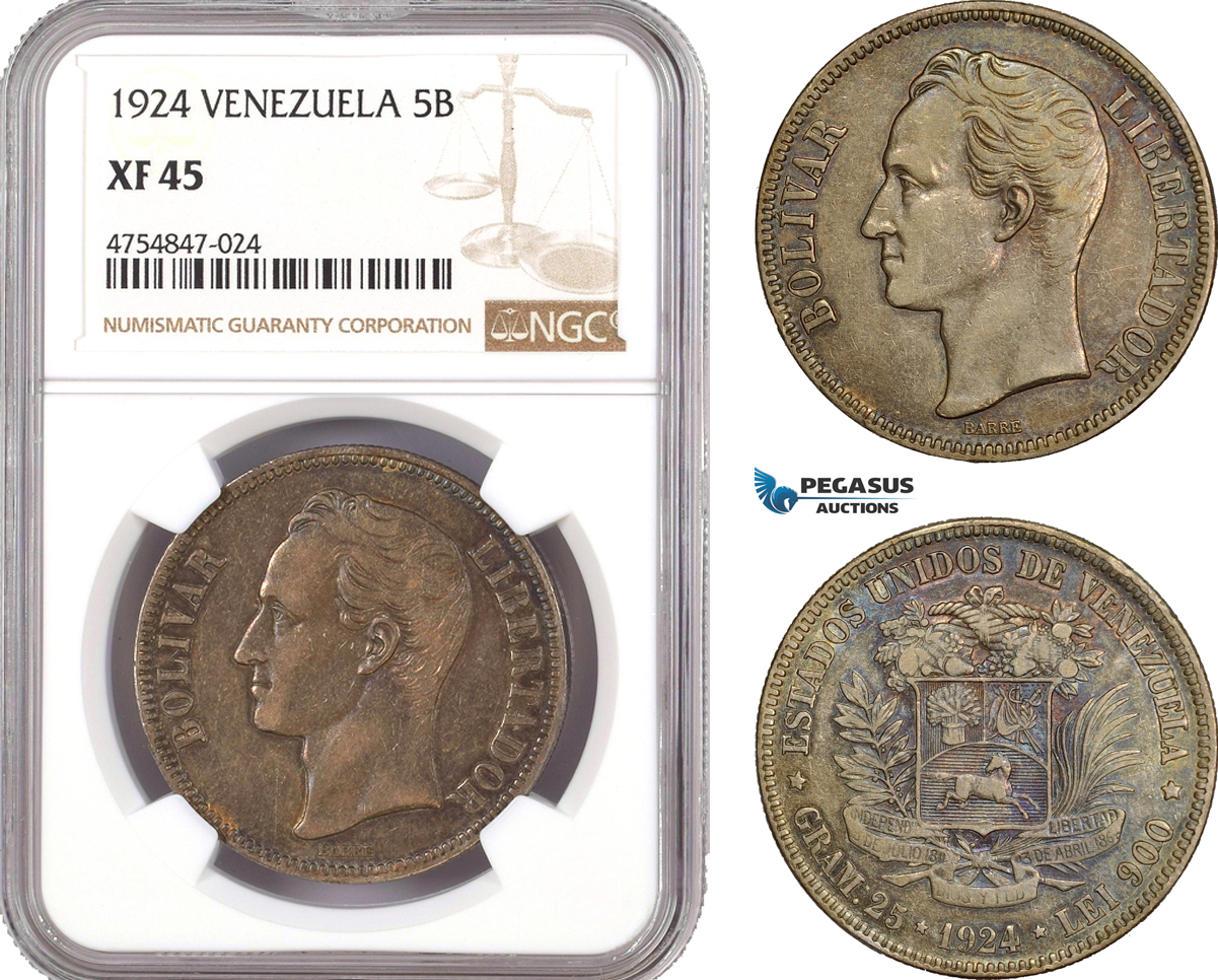 AE586, Venezuela, 5 Bolivares 1924, Silver, NGC XF45