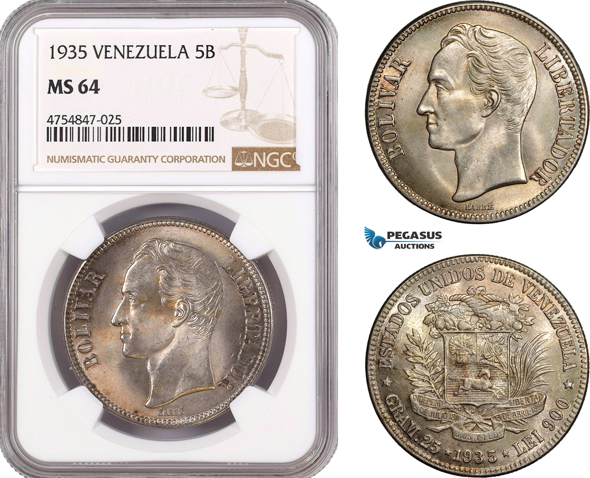 AE587, Venezuela, 5 Bolivares 1935, Silver, NGC MS64
