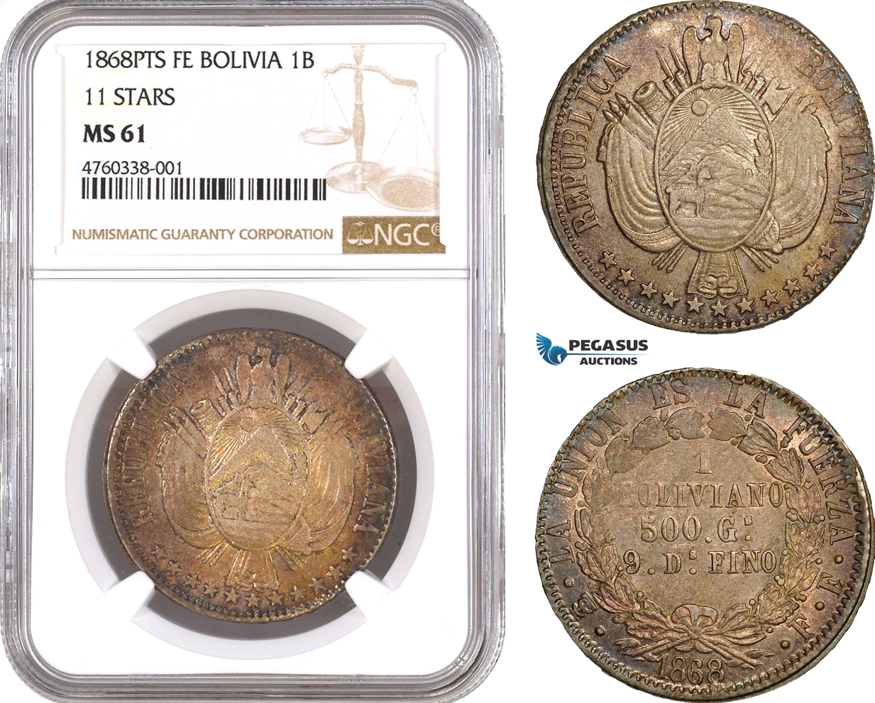 AE611, Bolivia, 1 Boliviano 1868 PTS FE, Potosi, Silver "11 Stars" NGC MS61, Pop 1/1