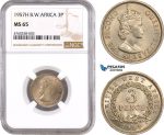 AE614, British West Africa, Elisabeth II, 3 Pence 1957-H, Heaton, NGC MS65
