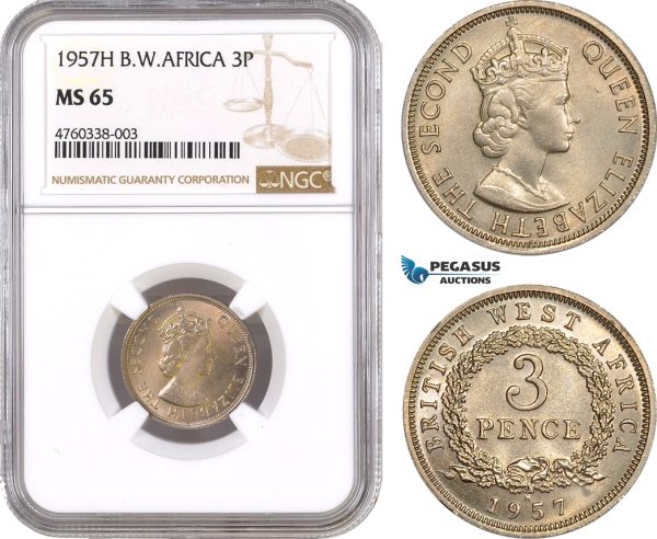 AE614, British West Africa, Elisabeth II, 3 Pence 1957-H, Heaton, NGC MS65