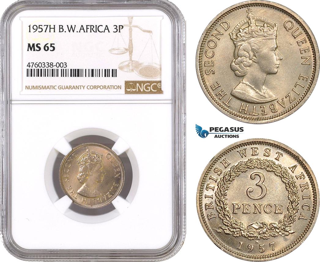 AE614, British West Africa, Elisabeth II, 3 Pence 1957-H, Heaton, NGC MS65