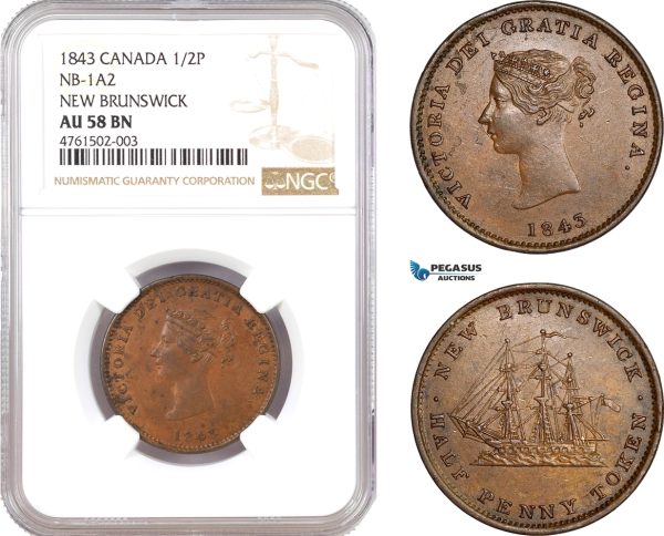 AE616, Canada, New Brunswick, Victoria, 1/2 Penny Token 1843, NB-1A2, NGC AU58BN, Pop 1/0