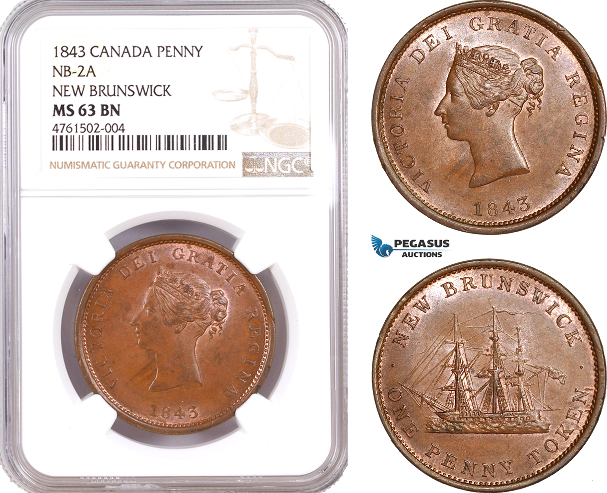 AE617, Canada, New Brunswick, Victoria, Penny Token 1843, NB-2A, NGC MS63BN