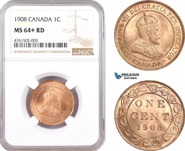 AE619, Canada, Edward VII, 1 Cent 1908, NGC MS64+ RD