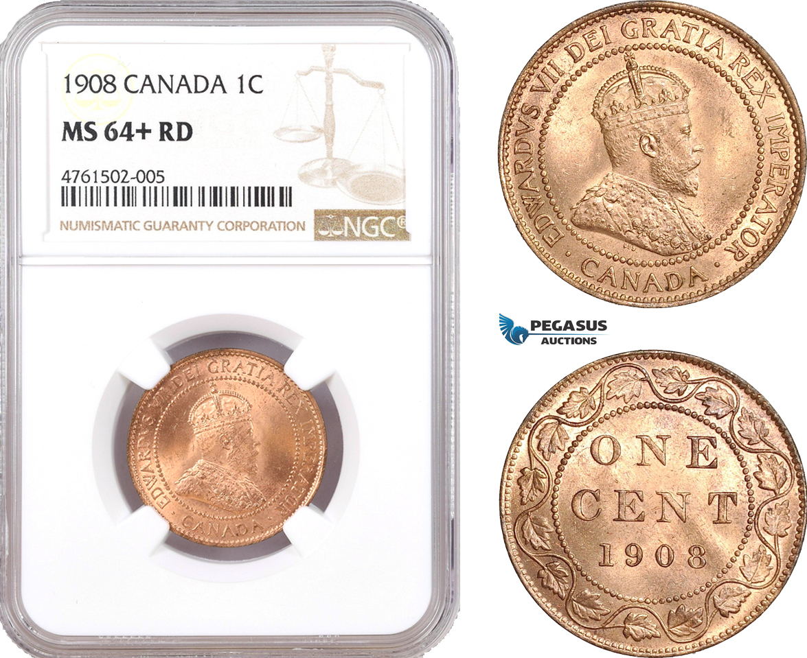 AE619, Canada, Edward VII, 1 Cent 1908, NGC MS64+ RD