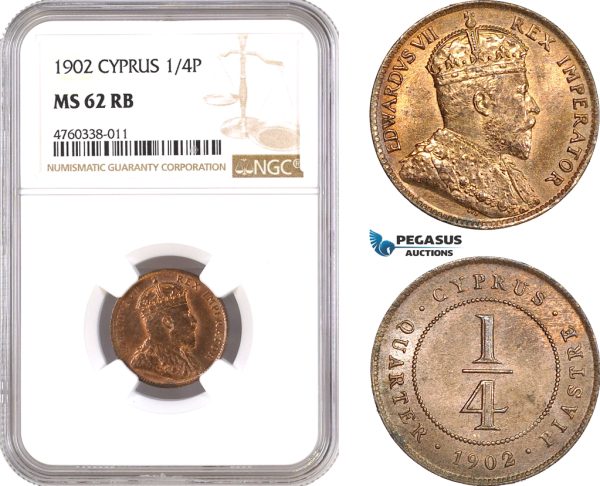 AE629, Cyprus, Edward VII, 1/4 Piastre 1902, London, NGC MS62RB