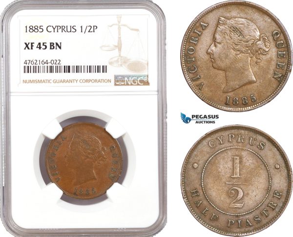 AE630, Cyprus, Victoria, 1/2 Piastre 1885, London, NGC XF45BN
