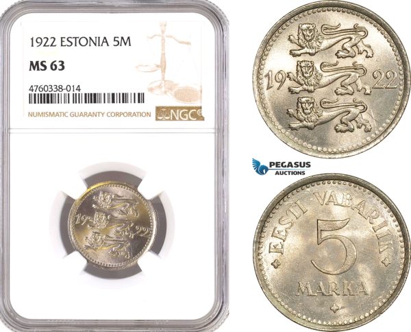 AE637, Estonia, 5 Marka 1922, NGC MS63