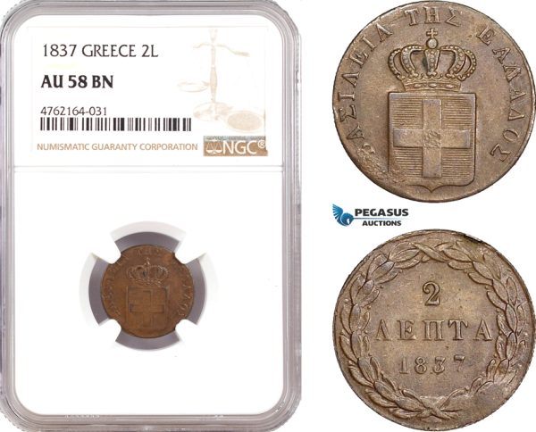 AE653, Greece, Othon, 2 Lepta 1837, Athens, NGC AU58BN